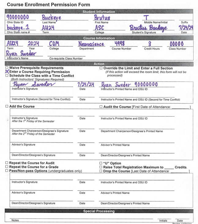 Sample of completed course enrollment form