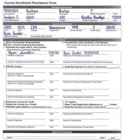 Sample of completed course enrollment form