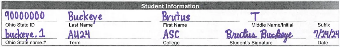 Example Photo of Course Enrollment Completed Section for Step 1
