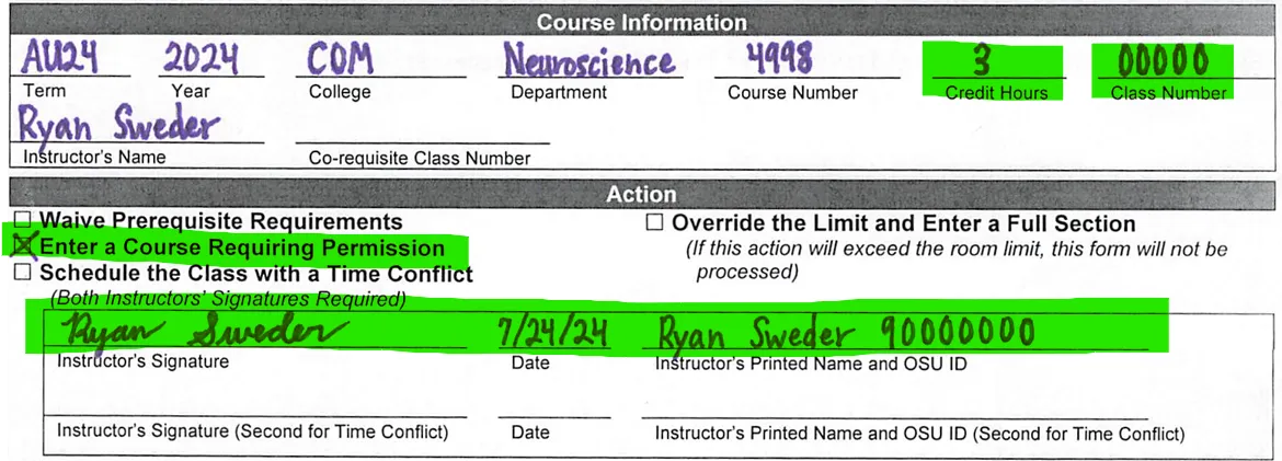 Example submission for the Course Information and Action Section