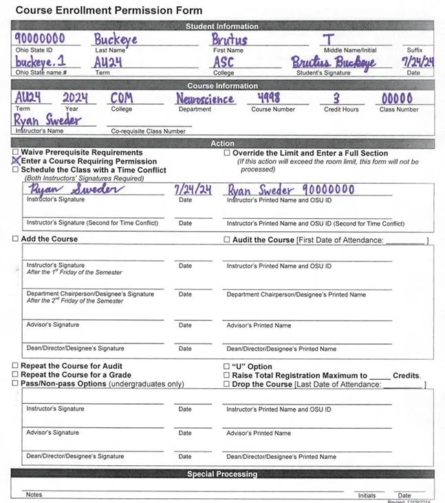 Sample of completed course enrollment form