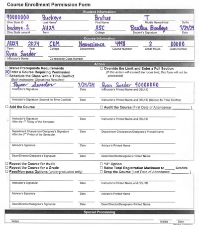 Sample of completed course enrollment form