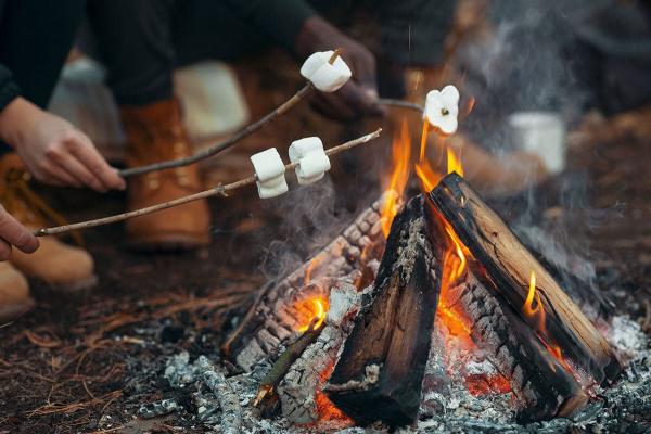 Roasting s'mores over a campfire.