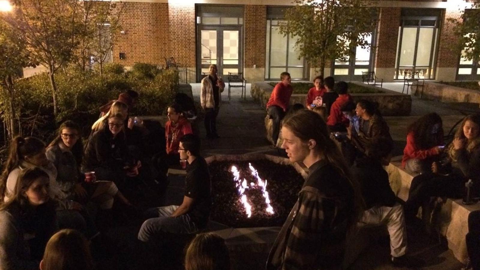 Bonfire fire pit with students