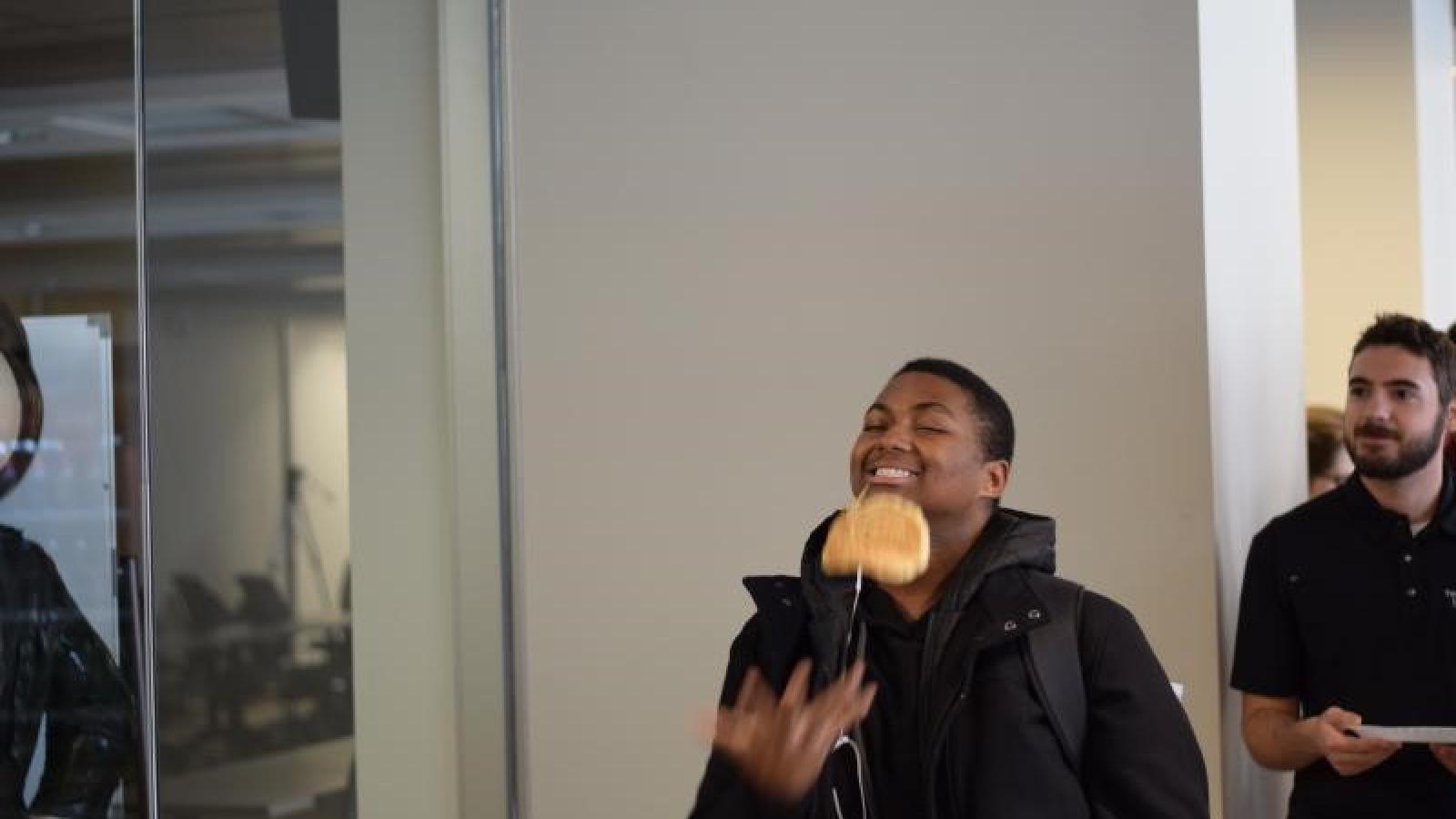 Neuroscience Student Catching Pancake With Face