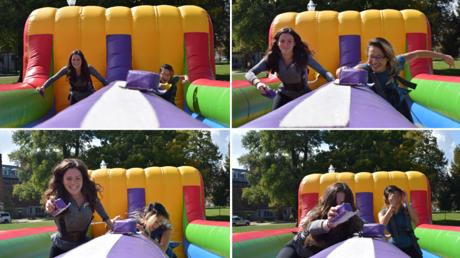 Students playing on inflatable at field day 